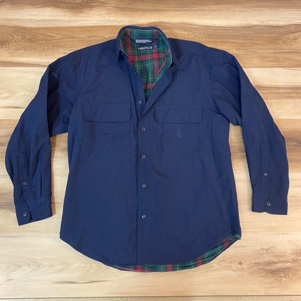 Nautica Shirt Jacket Size S Mens Flannel Lined Nylon Work Shirt Navy Blue Vtg